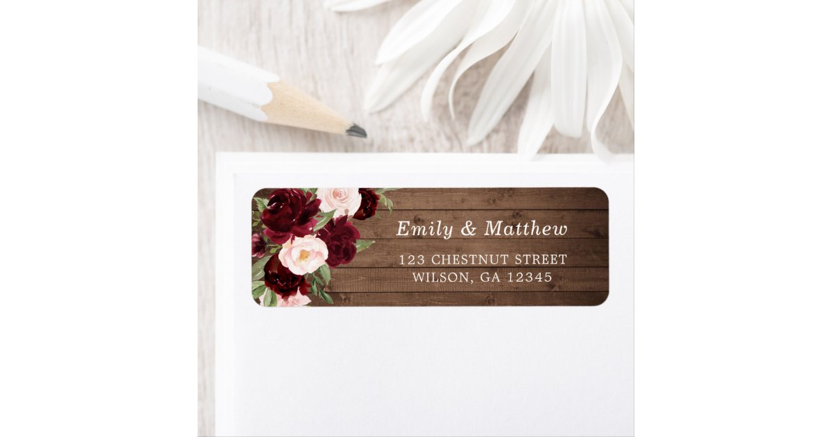 Floral Burgundy Blush Rustic Wood Romantic Wedding Label | Zazzle