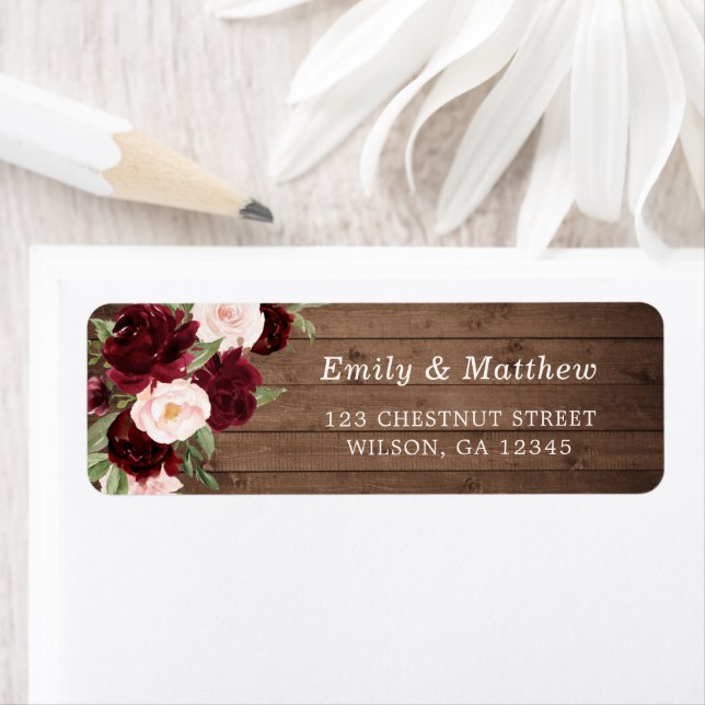 Floral Burgundy Blush Rustic Wood Romantic Wedding Label (Insitu)