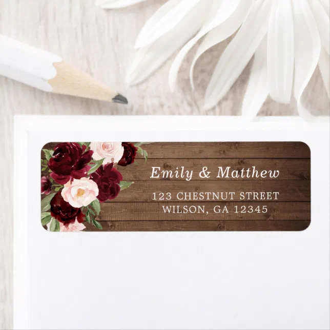 Floral Burgundy Blush Rustic Wood Romantic Wedding Label | Zazzle