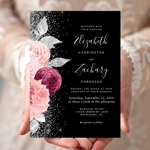 Floral Burgundy Blush Silver Glitter Black Wedding Invitation