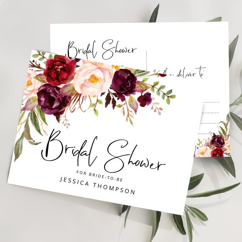 Floral Burgundy Blush Watercolor Bridal Shower Invitation Postcard