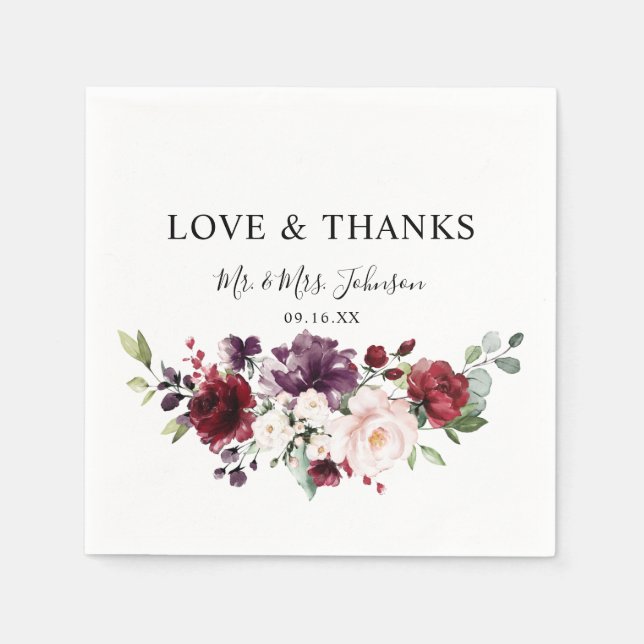 Floral Burgundy Blush Watercolor Love and Thanks Napkins (Front)