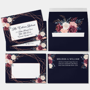 Floral Burgundy Blush Wedding Return Address Navy  Envelope