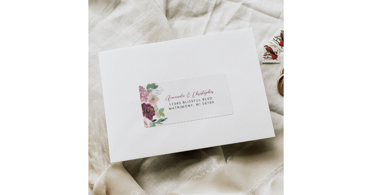 Floral Burgundy Blush Wedding RSVP Address Label | Zazzle