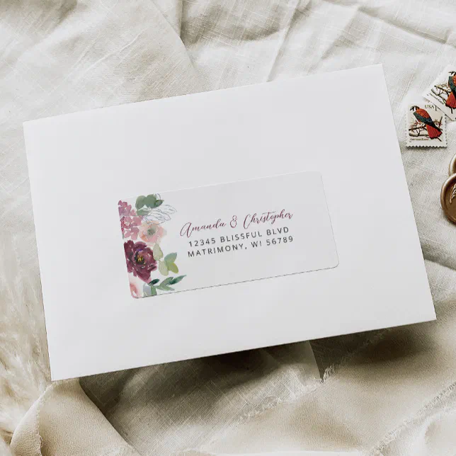 Floral Burgundy Blush Wedding RSVP Address Label | Zazzle