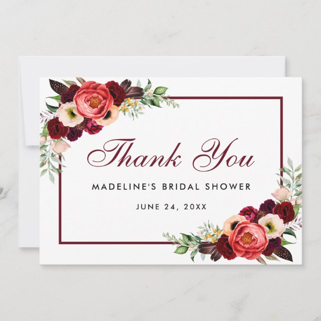 Floral Burgundy Boho Bridal Shower Thanks Card W (Front)
