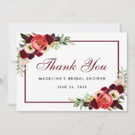 Floral Burgundy Boho Bridal Shower Thanks Card W<br><div class="desc">Watercolor Burgundy Marsala Floral Bridal Shower Thank You Card - White Back</div>