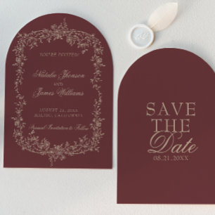 Floral Burgundy Botanical Old Money Arched Wedding Save The Date