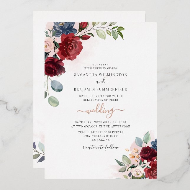 Floral Burgundy Botanical Script Wedding Rose Gold Foil Invitation (Front/Back)