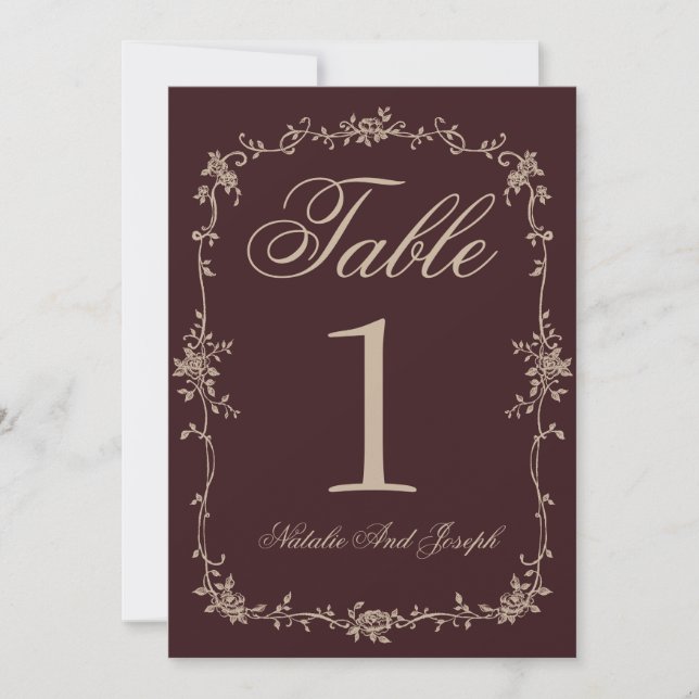 Floral Burgundy Botanical Wedding Table Number (Front)