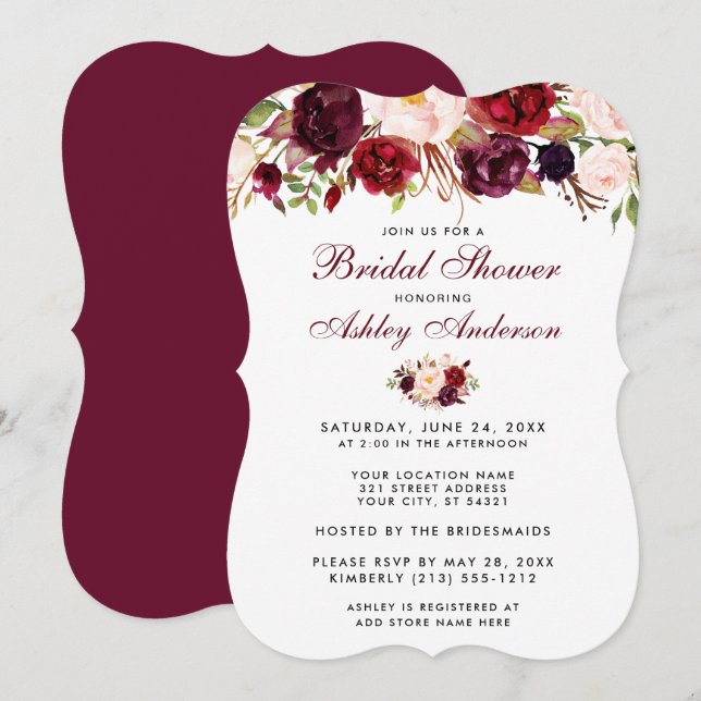 Floral Burgundy Bridal Shower Invitation B (Front/Back)
