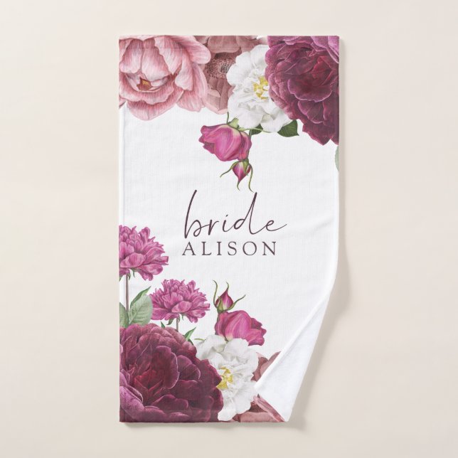 Floral Burgundy Bride Personalized Hand Towel (Hand Towel)