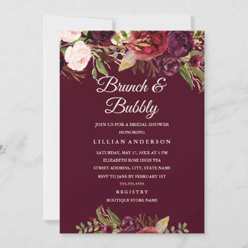 Floral Burgundy Brunch and Bubbly Bridal Shower Invitation