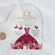 Floral Burgundy Butterfly Princess Quinceanera Acrylic Invitations