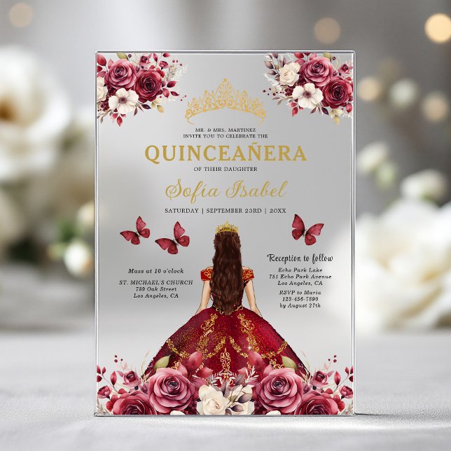 Floral Burgundy Butterfly Princess Quinceanera Acrylic Invitations (Creator Uploaded)
