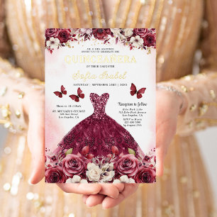 Floral Burgundy Butterfly Princess Quinceanera Foil Invitation