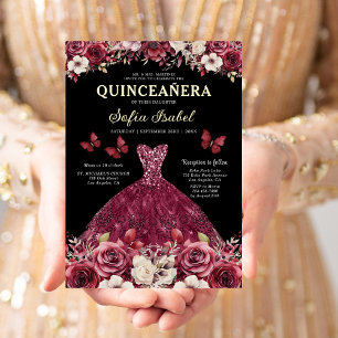 Floral Burgundy Butterfly Princess Quinceanera Foil Invitation