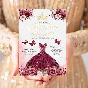 Floral Burgundy Butterfly Princess Quinceanera Foil Invitation