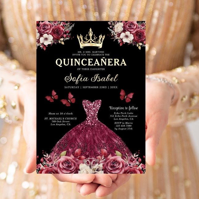 Floral Burgundy Butterfly Princess Quinceanera Foil Invitation (Creator Uploaded)