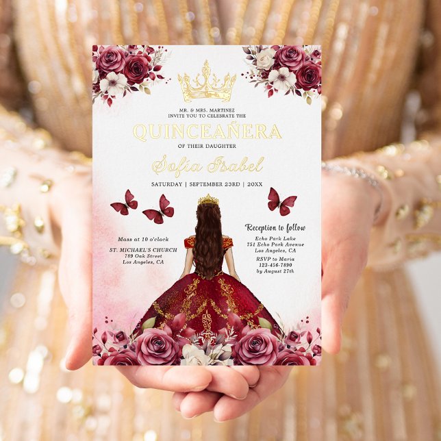 Floral Burgundy Butterfly Princess Quinceanera Foil Invitation (Creator Uploaded)