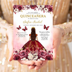 Floral Burgundy Butterfly Princess Quinceanera Invitation