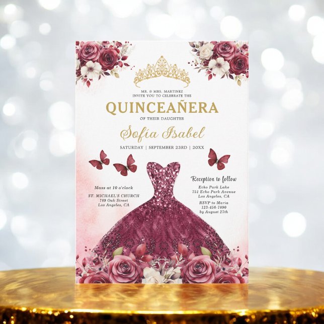 Floral Burgundy Butterfly Princess Quinceanera Invitation (Creator Uploaded)