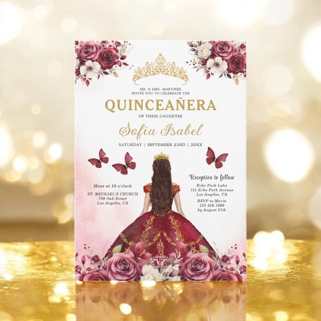 Floral Burgundy Butterfly Princess Quinceanera Invitation (Creator Uploaded)