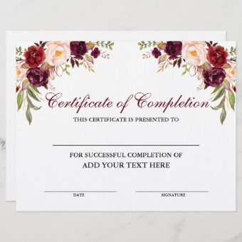 Floral Burgundy Certificate of Completion | Zazzle