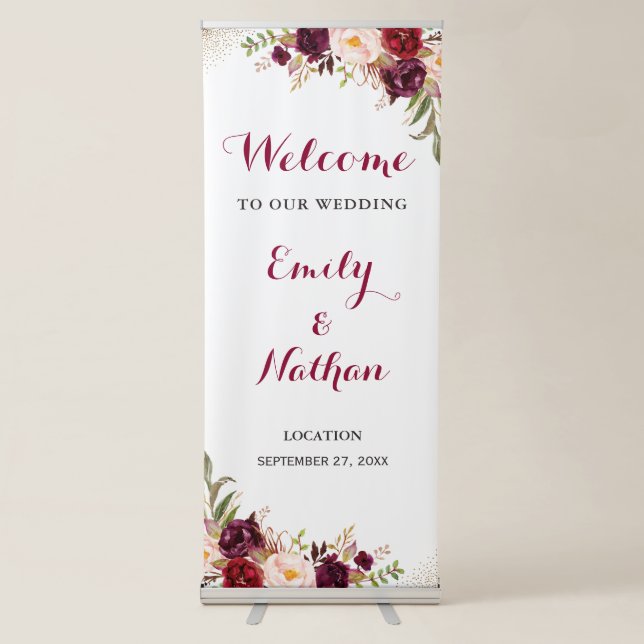 Floral Burgundy Confetti Wedding Welcome Sign (Front)
