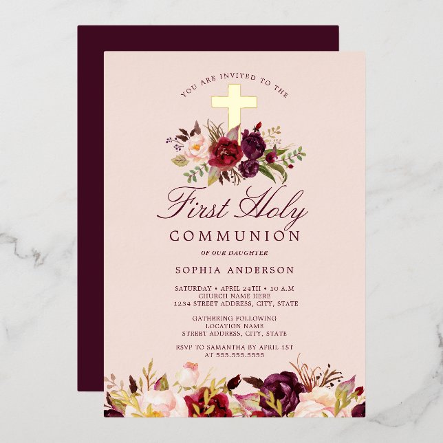 Floral Burgundy Cross Girls First Communion  Foil Invitation (Front/Back)