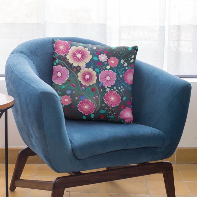 Floral burgundy deep rose teal Throw Pillow (Unique pattern in burgundy, deep rose, teal and turquoise)