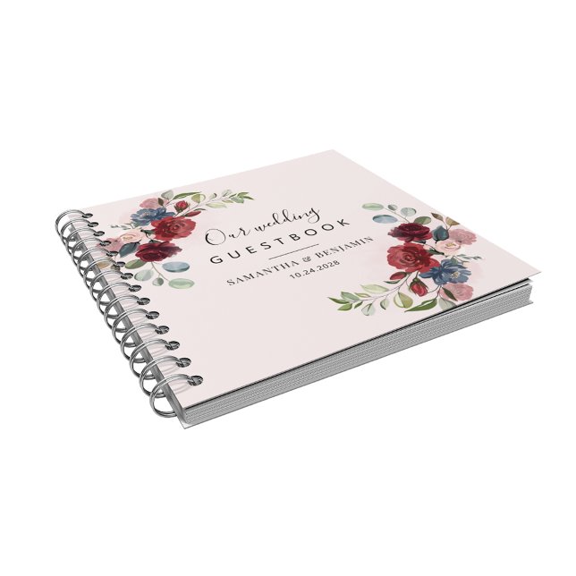 Floral Burgundy Dusty Blue Wedding Guest Book (Burgundy Floral Wedding Guest Book)