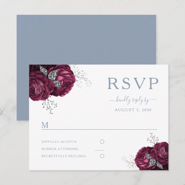 Floral Burgundy Dusty Blue Wedding RSVP Postcard (Front/Back)