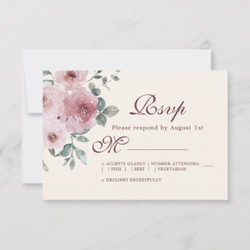 Floral Burgundy Dusty Pink Rose Ivory Wedding RSVP Card