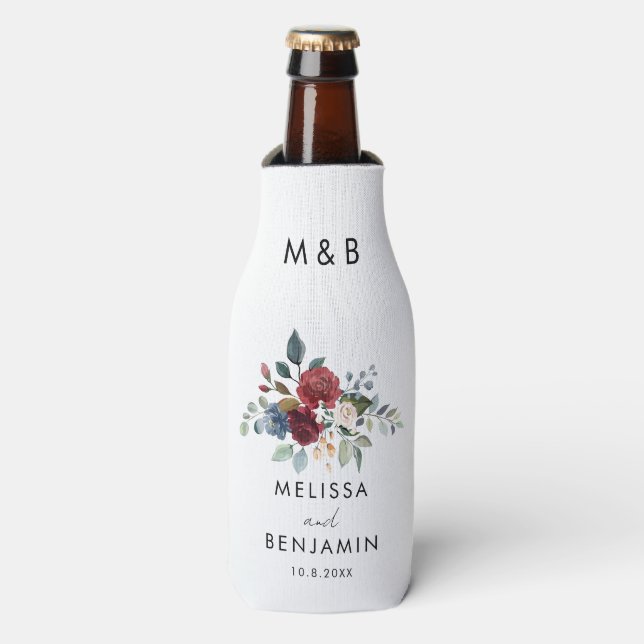 Floral Burgundy Elegant Script Wedding Favor Bottle Cooler (Bottle Front)