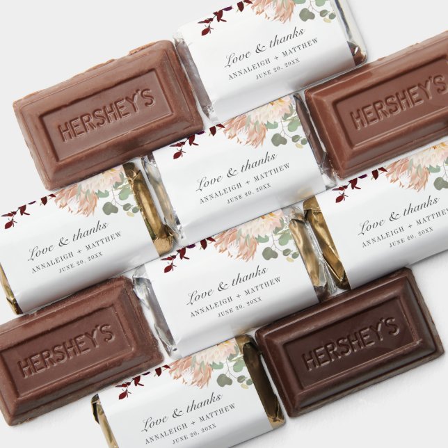 Floral Burgundy Eucalyptus Love and Thanks Wedding Hershey's Miniatures (Assorted)