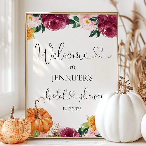 Floral burgundy fall bridal shower welcome sign