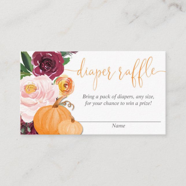 Floral burgundy fall pumpkins diaper raffle cards (Front)