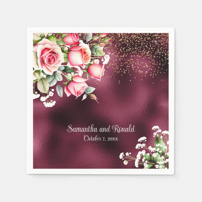 Floral Burgundy Foil and Gold Glitter Wedding Napkins (Front)