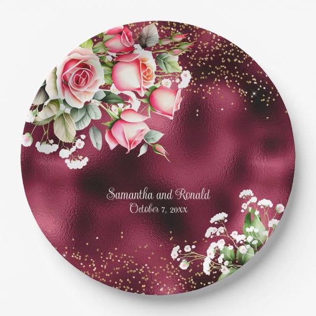 Floral Burgundy Foil and Gold Glitter Wedding Paper Plates (Front)