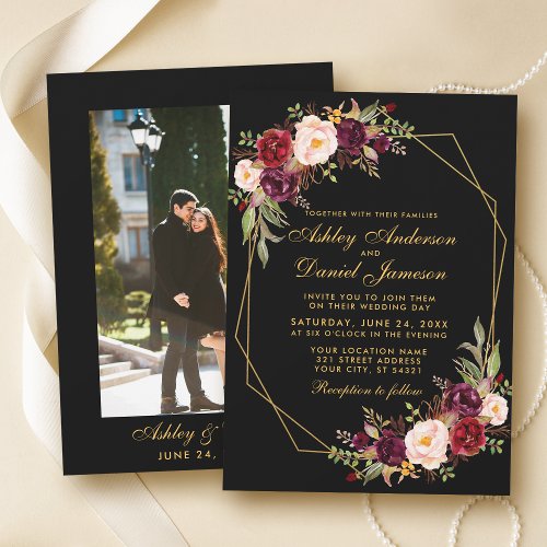 Floral Burgundy Geometric Black Gold Photo Wedding Invitation