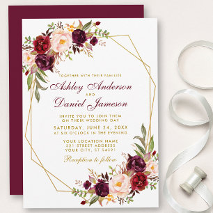 Floral Burgundy Geometric Gold Frame Wedding Invitation
