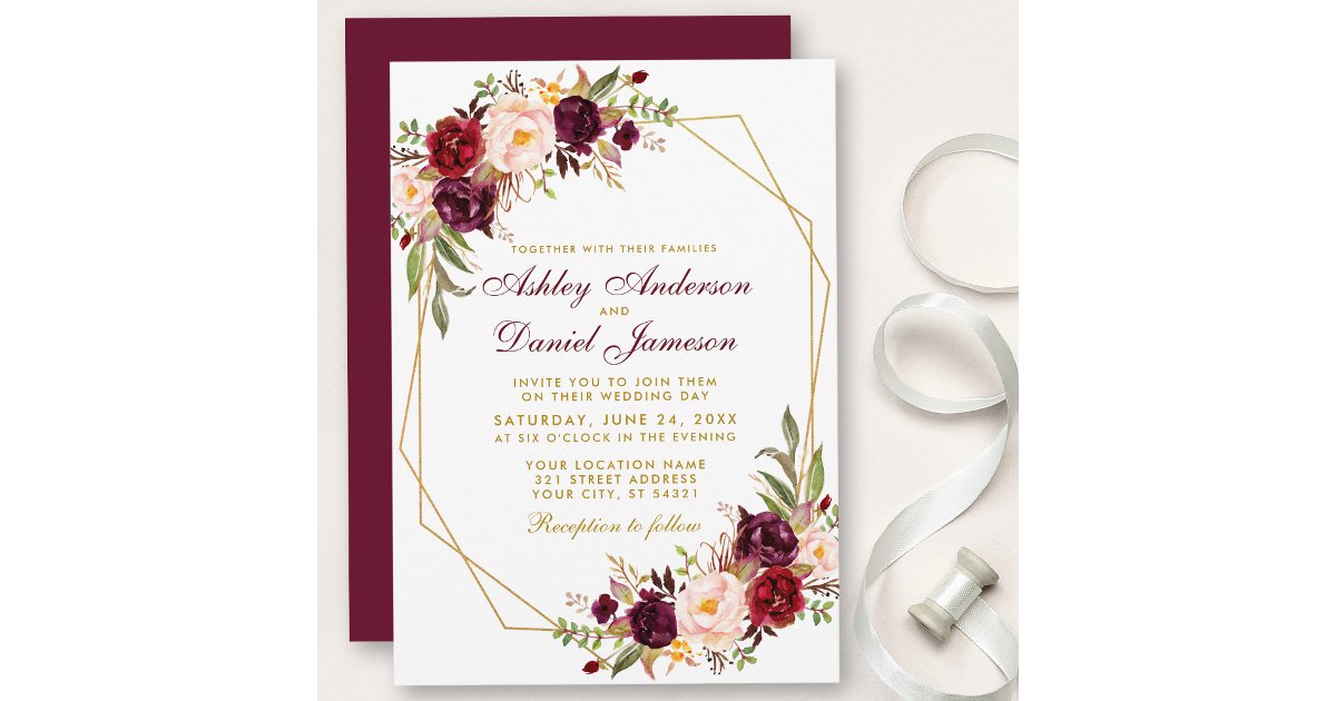 Floral Burgundy Geometric Gold Frame Wedding Invitation | Zazzle