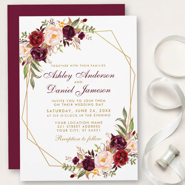 Floral Burgundy Geometric Gold Frame Wedding Invitation | Zazzle