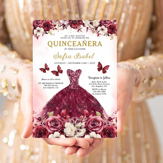 Floral Burgundy Gold Bilingual Spanish Quinceanera Invitation (Creator Uploaded)