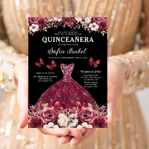 Floral Burgundy Gold Bilingual Spanish Quinceanera Invitation