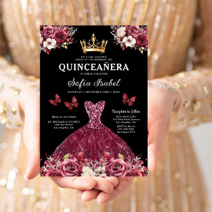 Floral Burgundy Gold Bilingual Spanish Quinceanera Invitation
