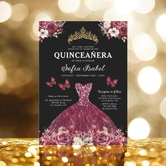 Floral Burgundy Gold Bilingual Spanish Quinceanera Invitation (Creator Uploaded)