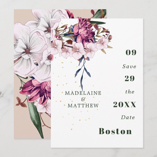 Floral  Burgundy  Gold Blush Elegant Chic Save The Date (Front/Back)