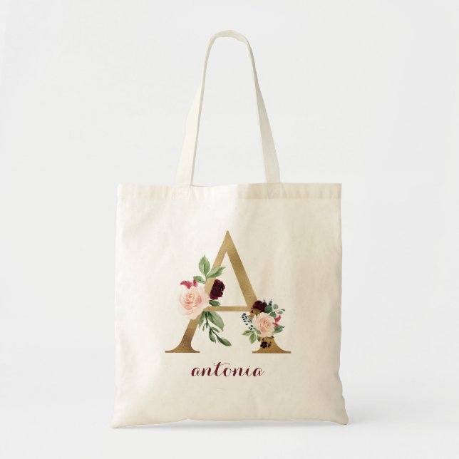 Floral Burgundy Gold Blush Personalized Letter "A" Tote Bag (Front)